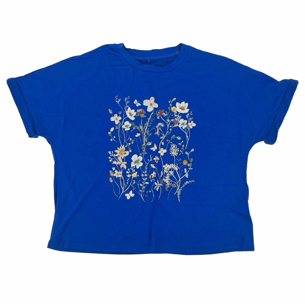 Women's Blue Floral Graphic T Shirt Size Small Oversized Boxy Cottagecore Tee
